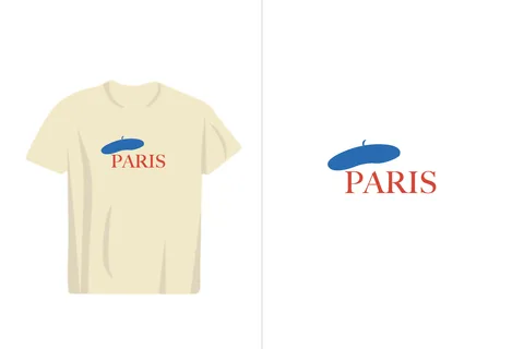 A cream colored t-shirt featuring a minimalist graphic of a blue beret above the word Paris in red text, presented alongside the standalone graphic