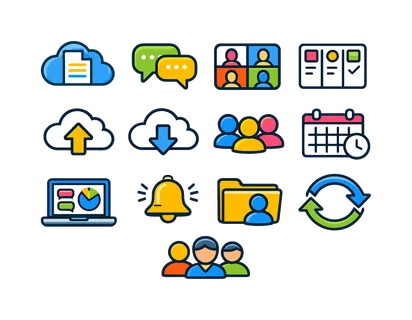 Cloud collaboration tools: shared cloud document, team chat bubbles, video meeting screen, task board columns, cloud file upload arrow, cloud file download arrow, group user