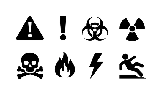 Hazard warnings: warning triangle, exclamation mark, biohazard symbol, radiation sign, toxic skull, flammable flame, electric shock bolt, slippery floor sign.
