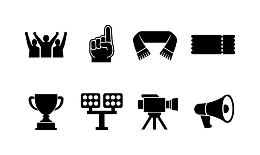 Football fan and event: cheering crowd, foam finger, team scarf, ticket, trophy cup, stadium lights, broadcast camera, megaphone.