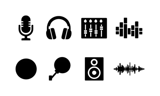 Podcast recording studio: podcast microphone, headphones headset, audio mixer console, sound wave bars, recording button circle, pop filter screen, studio monitor speaker, audio
