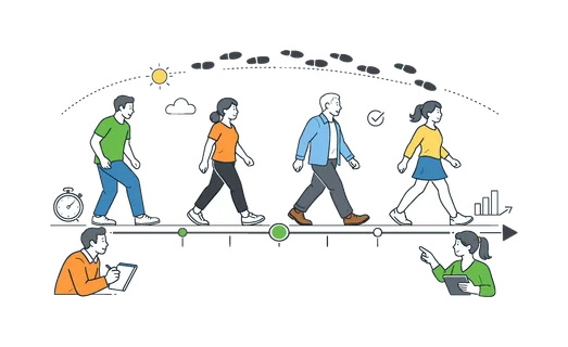 Walking sequence daily activity scene featuring individuals demonstrating stages of walking in a coordinated visual flow within a shared environment, using footsteps and