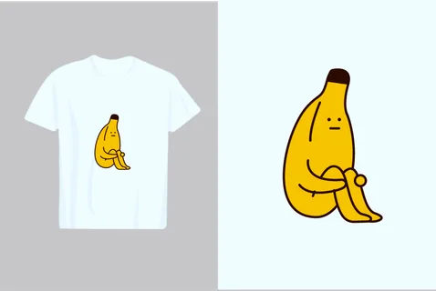 A whimsical illustration of a yellow banana with a sad face, curled up and hugging its knees, presented on a white t-shirt mockup