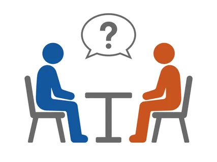 A simple graphic illustration depicting two individuals in a conversation, symbolized by a question mark, suggesting uncertainty or inquiry