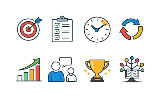 Skill development journey: goal target, checklist tasks, time management clock, practice repetition arrows, growth chart, mentorship guidance, achievement trophy,