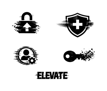 Digital permission escalation and privilege control theme, a set of 4 glitch-distorted monochrome objects placed on a perfectly clean white background, each object