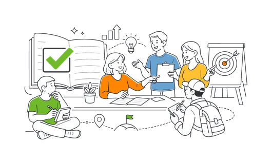 Self reflection goal evaluation scenario showing individuals assessing progress and planning future improvements in a personal or professional context, with a notebook