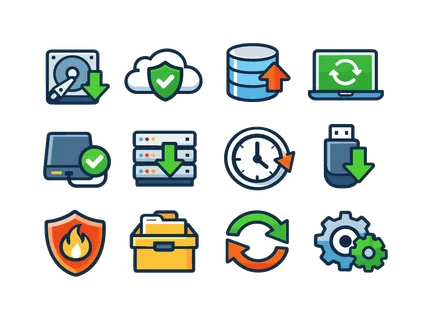 Data backup and recovery: hard drive backup, cloud backup shield, database restore arrow, laptop recovery screen, external backup disk, server rack backup, file restore clock arrow