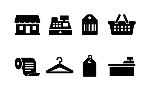 Retail store operations: storefront building, cash register, barcode tag, shopping basket, receipt roll, clothing hanger, price tag label, checkout counter