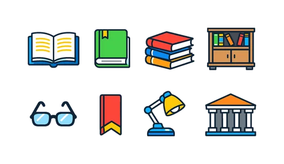 Book reading library: open book, closed hardcover book, stack of books, bookshelf cabinet, reading glasses, bookmark ribbon, table reading lamp, library building
