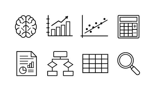 Analytical thinking tools: brain, data chart, graph with dots, calculator, document report, flowchart diagram, grid table, search icon.