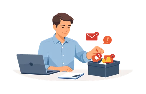 A professional improving concentration in a modern workplace environment, visual metaphor of a calm office worker gently placing distracting floating notification icons into a