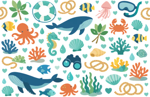 Marine wildlife protection seamless pattern focused on healthy ocean habitat with whale, jellyfish, octopus, crab, seahorse, reef fish, seaweed, coral, shell, water droplet,
