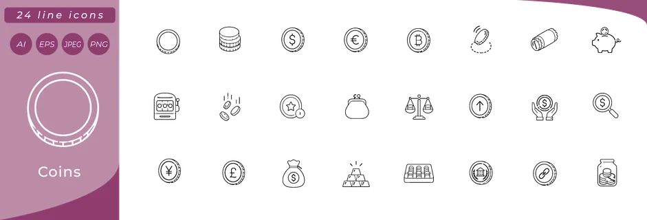 Coins: single coin face, coin stack, coin with dollar sign, coin with euro sign, coin with bitcoin symbol, coin flip in air, coin roll wrapper, piggy bank, coin slot machine, falling coins rain, coin