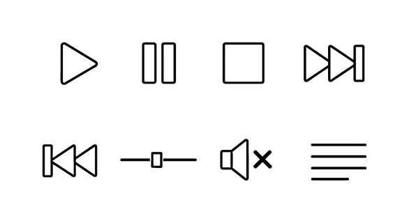 Music playback controls: play button, pause button, stop button, forward skip, rewind skip, volume slider, mute icon, playlist list.