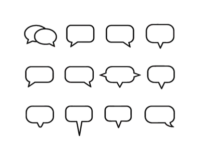 Geometric dialogue bubbles set: double speech bubble overlap, speech bubble with tail bottom left, speech bubble with tail bottom right, speech bubble with tail center bottom