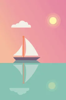 Minimalist sailboat glides on calm sea under a pastel sky with sun and cloud