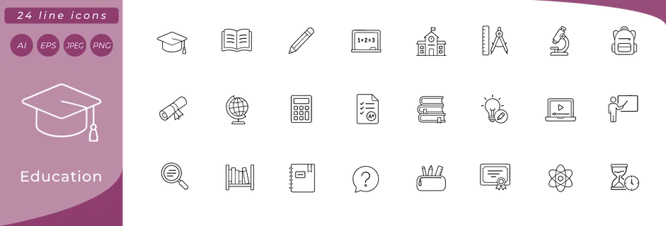 Education: graduation cap, open book, pencil, chalkboard with formula, school building, ruler and compass, microscope, backpack, diploma scroll, globe on stand, calculator, test paper with grade