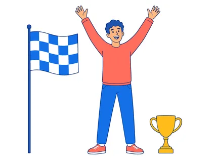 A happy man stands with his arms raised in triumph next to a checkered flag and a golden trophy, symbolizing achievement and success