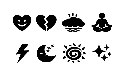 Mood states: heart smile, broken heart, stress cloud, zen lotus, energy lightning, sleepy moon, anxiety swirl, joy sparkles.