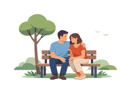 A couple enjoying a quiet romantic moment together in a peaceful park setting, represented by two people sitting on a simple bench beneath a minimal tree, symbolizing