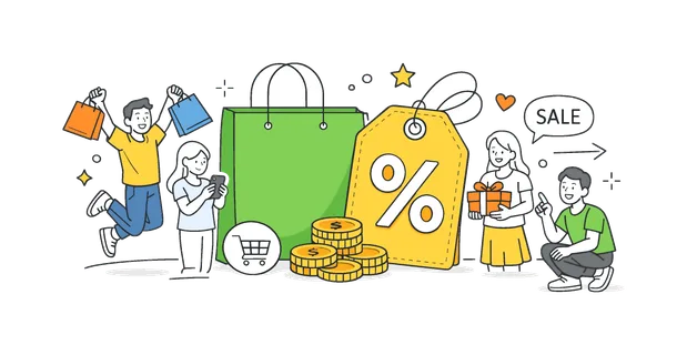 Discount sale event in a retail or online shopping context where customers take advantage of reduced prices and special offers, represented by a price tag with a