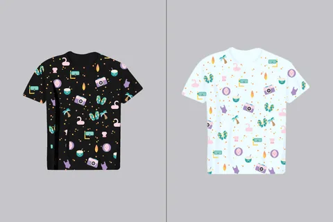 Two t-shirts, one black and one white, feature a repeating pattern of summer vacation icons like cameras, flip-flops, and flamingos