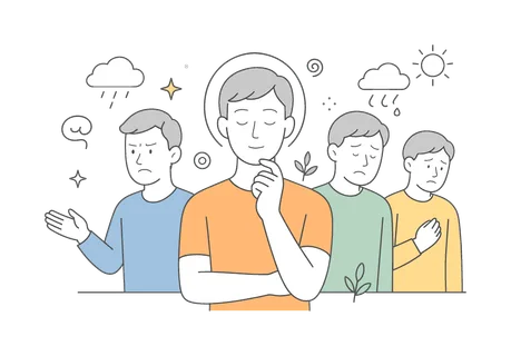 Individual exploring personal emotions and mental well-being as part of self-awareness and reflection in daily life, visualized with a metaphor of a central face