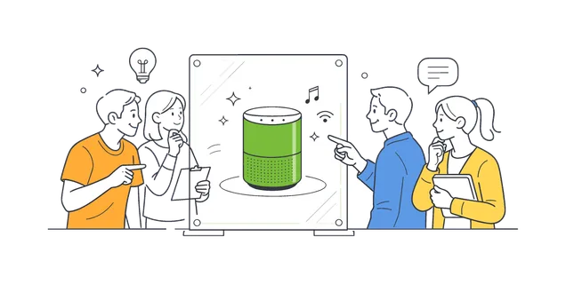 Individuals exploring showcased items or information through transparent glass interfaces in a modern setting, visualized with a metaphor of a simple glass panel