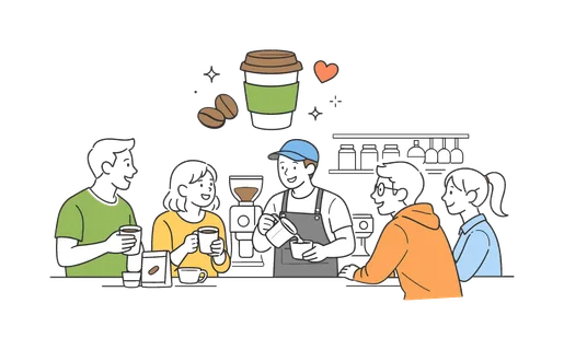 A modern cafe workplace scene where a barista prepares specialty coffee while chatting with customers at a small neighborhood coffee shop, illustrated through a visual metaphor of