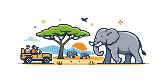 Wildlife travel adventure exploring the African savanna where visitors observe majestic elephants moving across open grasslands during a guided safari experience, a large elephant