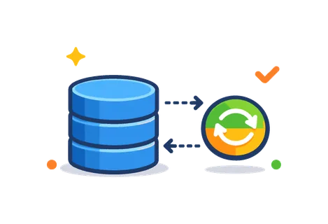 Digital data synchronization scenario centered on maintaining consistency and updating information across systems in remote workflows, a database icon connected to a