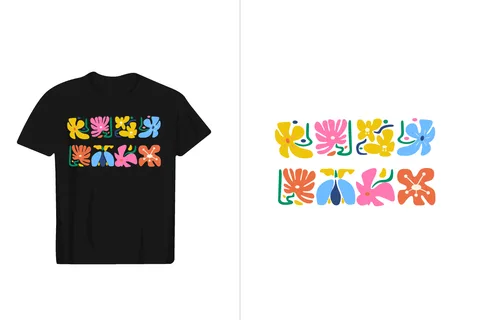 A black t-shirt showcases a vibrant and playful abstract floral pattern in a grid layout