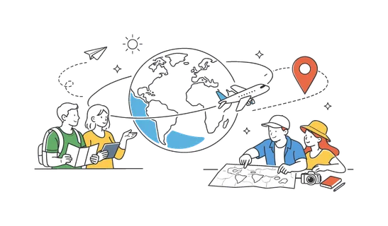 A travel exploration scenario where people plan international adventures and map out flight journeys to distant places around the world, visual metaphor of an airplane moving along