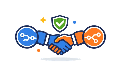 Digital trust handshake and mutual verification between systems focused on establishing secure connections before data exchange in modern platforms, two connected nodes