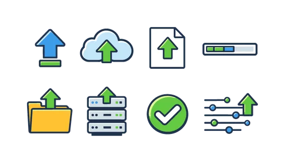 File upload process: upload arrow, cloud with arrow up, file document, progress bar, folder with arrow, server stack, checkmark confirmation, data transfer lines.