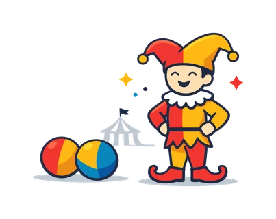 Theatrical entertainment scene inspired by traditional circus culture and expressive stage characters performing for audiences, a costumed jester style performer with a pointed hat