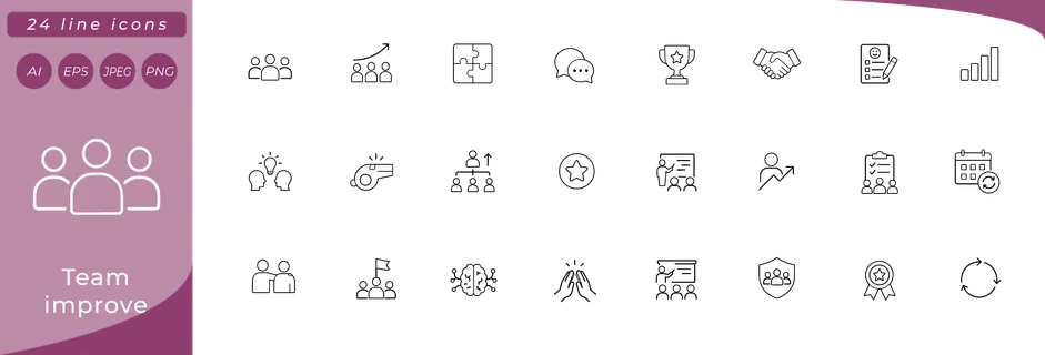 Team improve: group of people silhouettes, upward arrow over team, puzzle pieces connecting, speech bubbles overlapping, trophy with star badge, handshake, feedback form with pencil, skill level bar