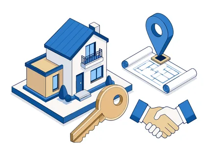 Isometric illustration symbolizing home buying, selling, or rental agreements with key elements like a house, blueprint, and handshake