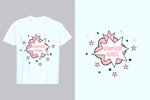 A white t-shirt featuring a pink and white comic book explosion graphic with the text Super Girl and surrounding stars