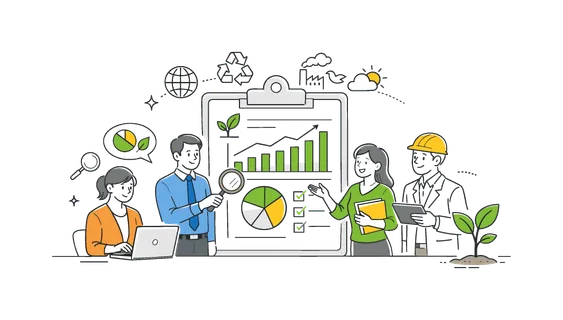 Environmental impact assessment and reporting in a corporate or public sector setting, depicted by a clipboard with a graph and a simple plant as the main elements,