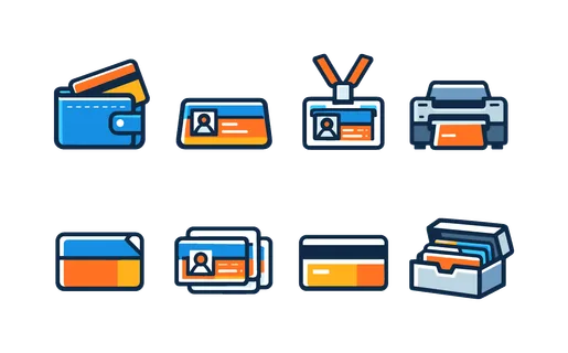 Networking stationery icons: card sliding from wallet, card on desk surface, lanyard ID card, card printing machine, die cut corner card, layered transparent cards, magnetic stripe