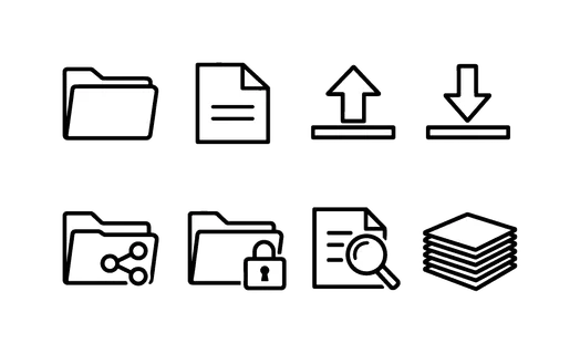 Digital file storage: folder, file document, upload arrow, download arrow, shared folder, locked folder, search file, organized stack.