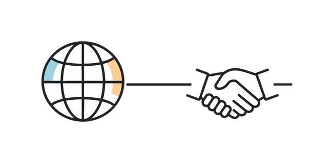 International business collaboration and remote teamwork across borders, a globe icon paired with a minimal handshake symbol connected by a thin line representing