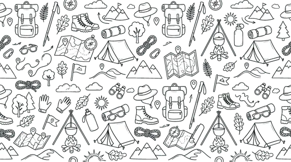 Outdoor teamwork and hiking journey concept focused on collaboration, planning, and shared outdoor experiences in nature exploration activities. Objects of backpack, hiking stick,
