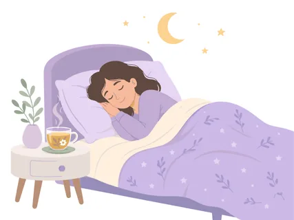 A young woman rests soundly in her bed, a warm cup of chamomile tea sits on her nightstand, promoting relaxation and sleep