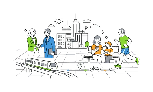A group of professionals and residents coexisting in a dynamic city landscape, highlighting balance between business, lifestyle, and infrastructure in an urban ecosystem