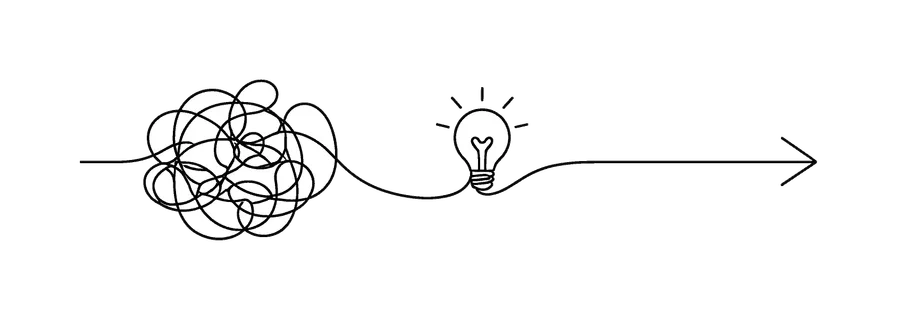 Turning confusion into clear actionable direction in a complex decision making workflow, a continuous line forming a tangled path that smoothly resolves into a straight