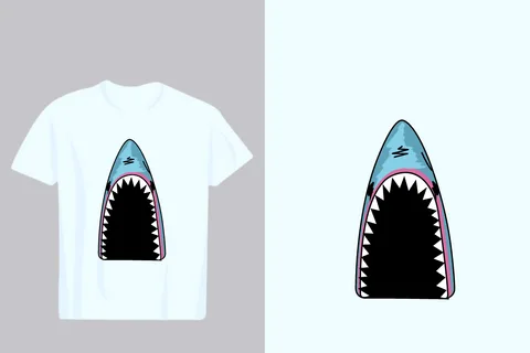 A white t-shirt mockup displays a bold graphic of a shark's open mouth, showcasing its menacing teeth and pink gums