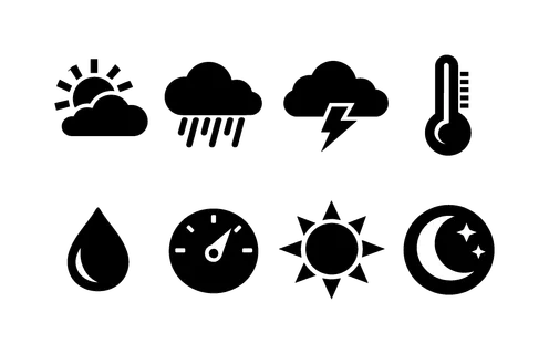 Weather forecast symbols: partly cloudy sun, heavy rain, thunderstorm cloud, temperature thermometer, humidity drop, barometer gauge, UV index sun, night moon with stars.
